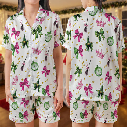 Magical Bow & Witch Charm Satin Pajama Set – Enchanted Print Sleepwear with Crowns, Clocks & Stars | White Short Sleeve Loungewear for Women & Youth HPRPJMADS-37
