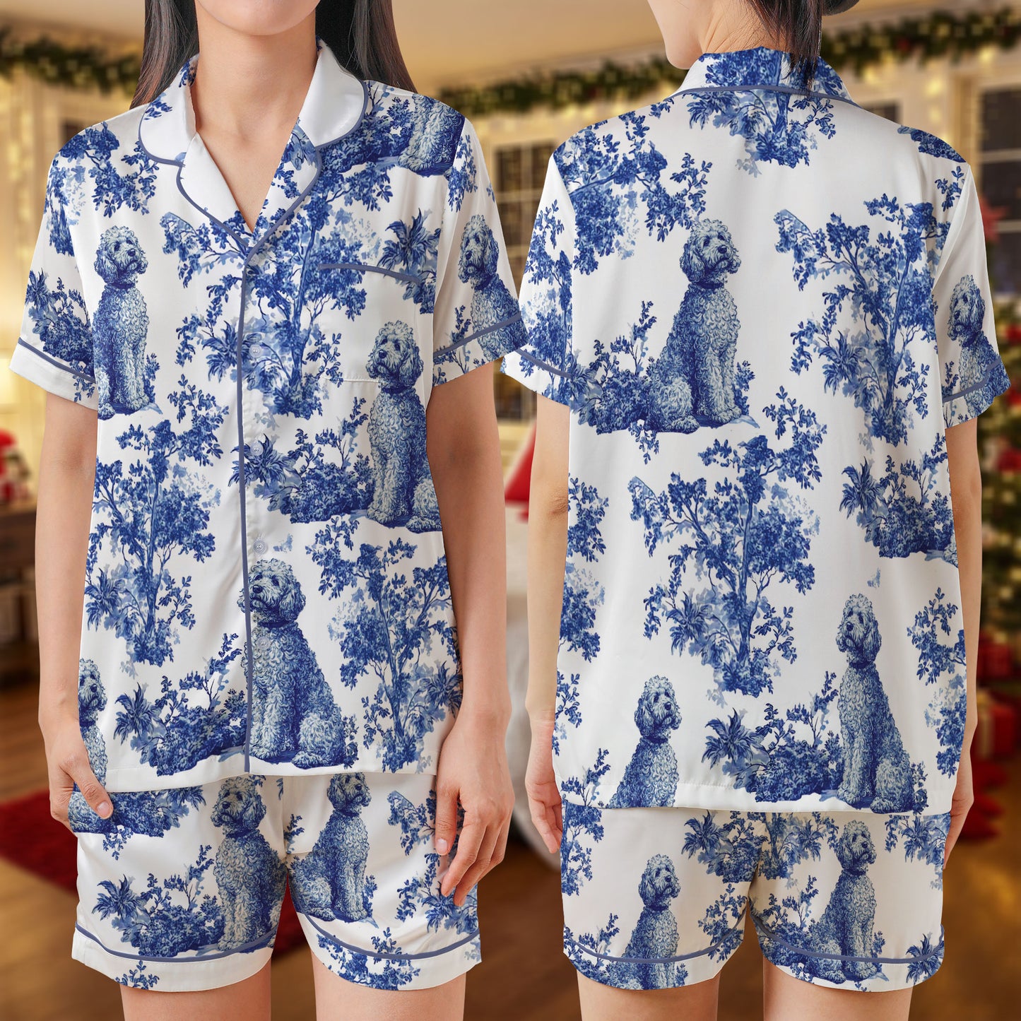 Blue Toile Poodle Satin Pajama Set – Vintage Dog & Floral Print Sleepwear | Elegant White Short Sleeve Loungewear for Women & Pet Lovers HPRPJMADS-38