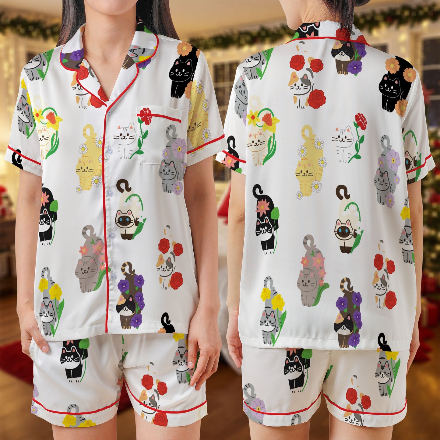 Floral Cat Satin Pajama Set – Adorable Kitty & Flower Print Sleepwear | White Short Sleeve Loungewear with Red Trim for Women, Kids & Cat Lovers HPRPJMADS-40