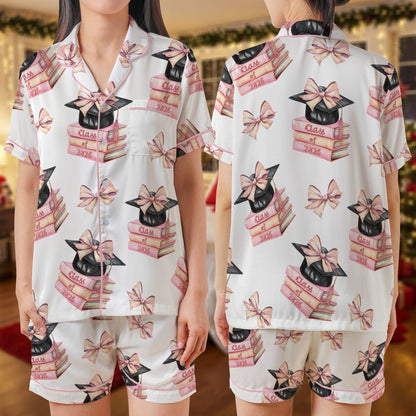 Class of 2026 Graduation Satin Pajama Set – Pink Books & Cap Print Sleepwear | White Short Sleeve Loungewear with Bows for Seniors & Grads HPRPJMADS-41