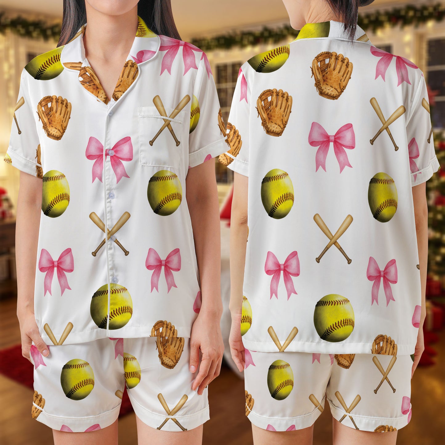 Softball Satin Pajama Set – Sporty Pink Bow & Glove Print Sleepwear | White Short Sleeve Loungewear for Athletes, Teams & Fans HPRPJMADS-43