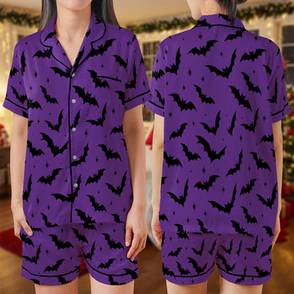 Purple Halloween Bat Satin Pajama Set – Spooky Bat Print Sleepwear | Short Sleeve Satin Loungewear with Black Trim for Halloween Lovers HPRPJMADS-47