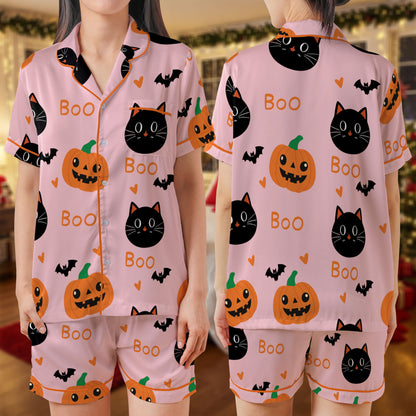 Halloween Satin Pajama Set – Pink “Boo” Print Sleepwear with Black Cats, Pumpkins & Bats | Cute Short Sleeve Satin Loungewear with Orange Piping Trim HPRPJMADS-54