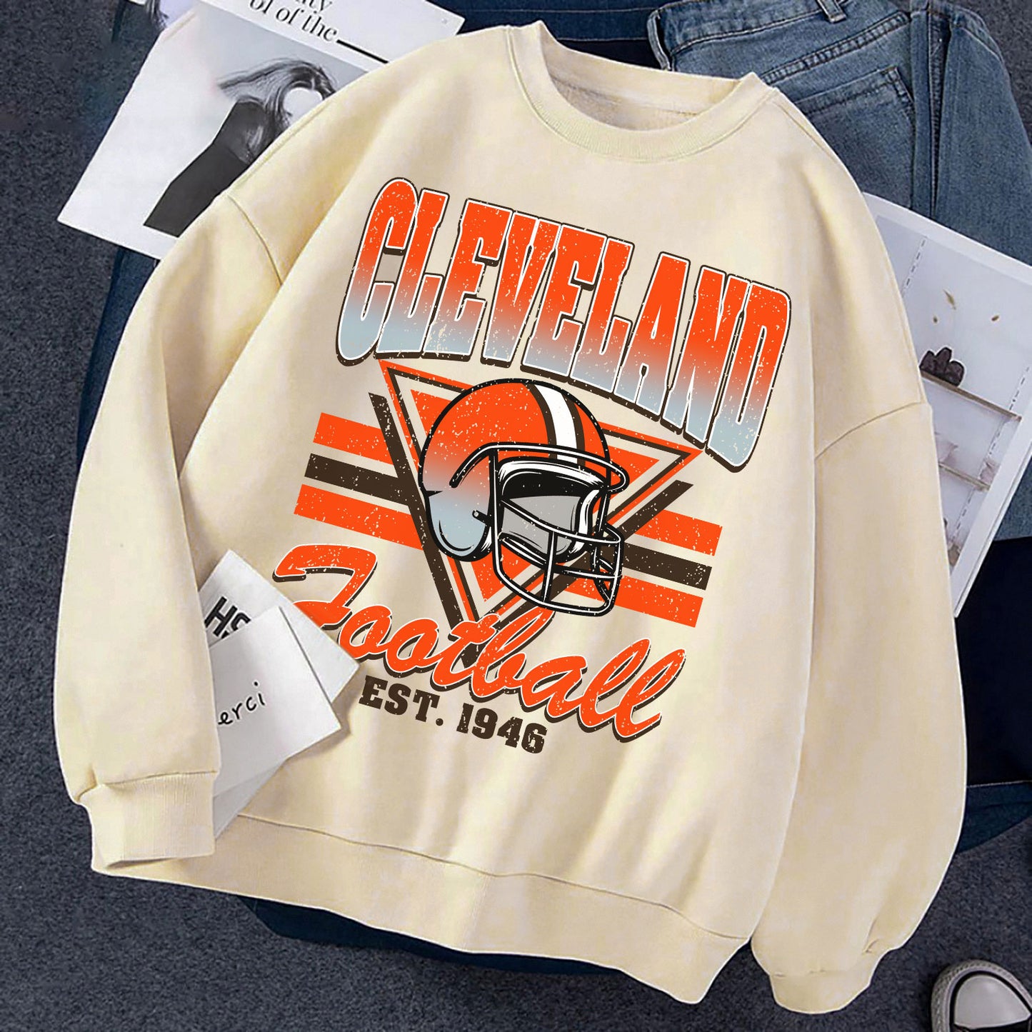 CLEVELEND FOOTBALL EST 1946 Football Sweatshirt, CLEVELEND FOOTBALL EST 1946 Shirt Retro Style 90s Vintage Unisex Crewneck, Graphic Tee Gift For Football Fan Sport