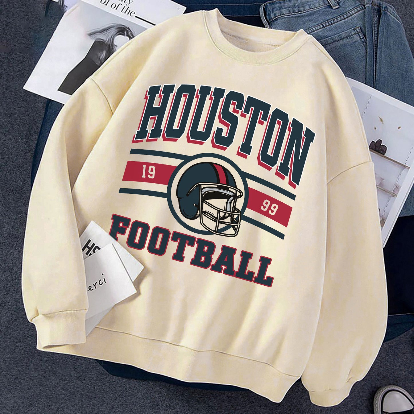 Houston FOOTBALL Sweatshirt, Houston FOOTBALL Shirt Retro Style 90s Vintage Unisex Crewneck, Graphic Tee Gift For Football Fan Sport