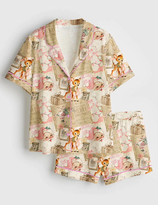 Women’s Vintage Christmas Collage Short Sleeve Satin Pajama Set