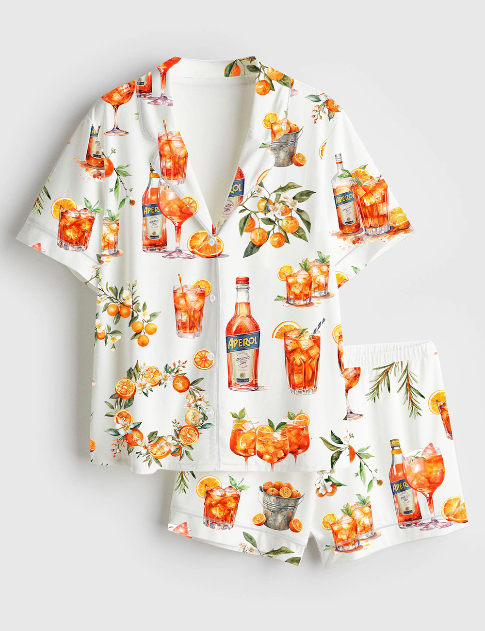 Women’s Watercolour Aperol Spritz Fruit Cocktail Watercolour Orange Wreath Mediterranean Print Short Sleeve Satin Pajama Set