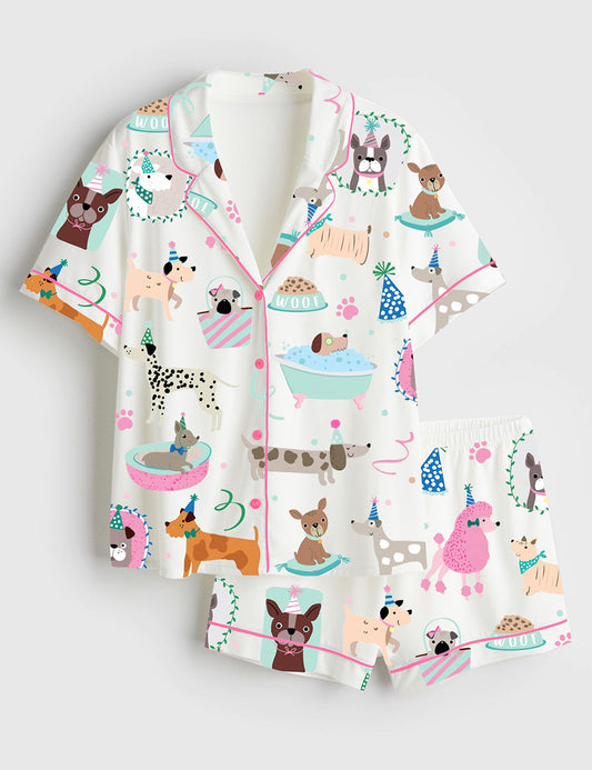 Women’s Pawty Pups Cute Dog Party Art Print Short Sleeve Satin Pajama Set