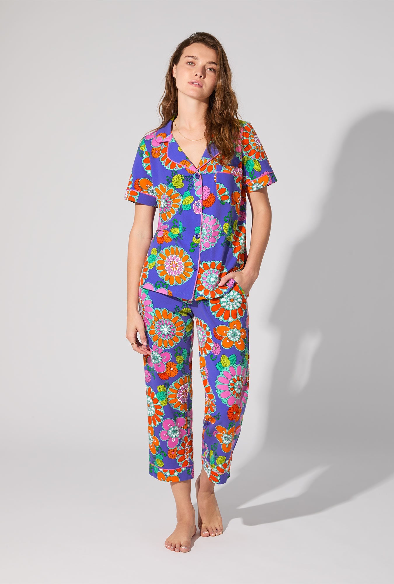 BedHead X Trina Turk Tokyo Floral Short Sleeve Classic Stretch Jersey Cropped PJ Set