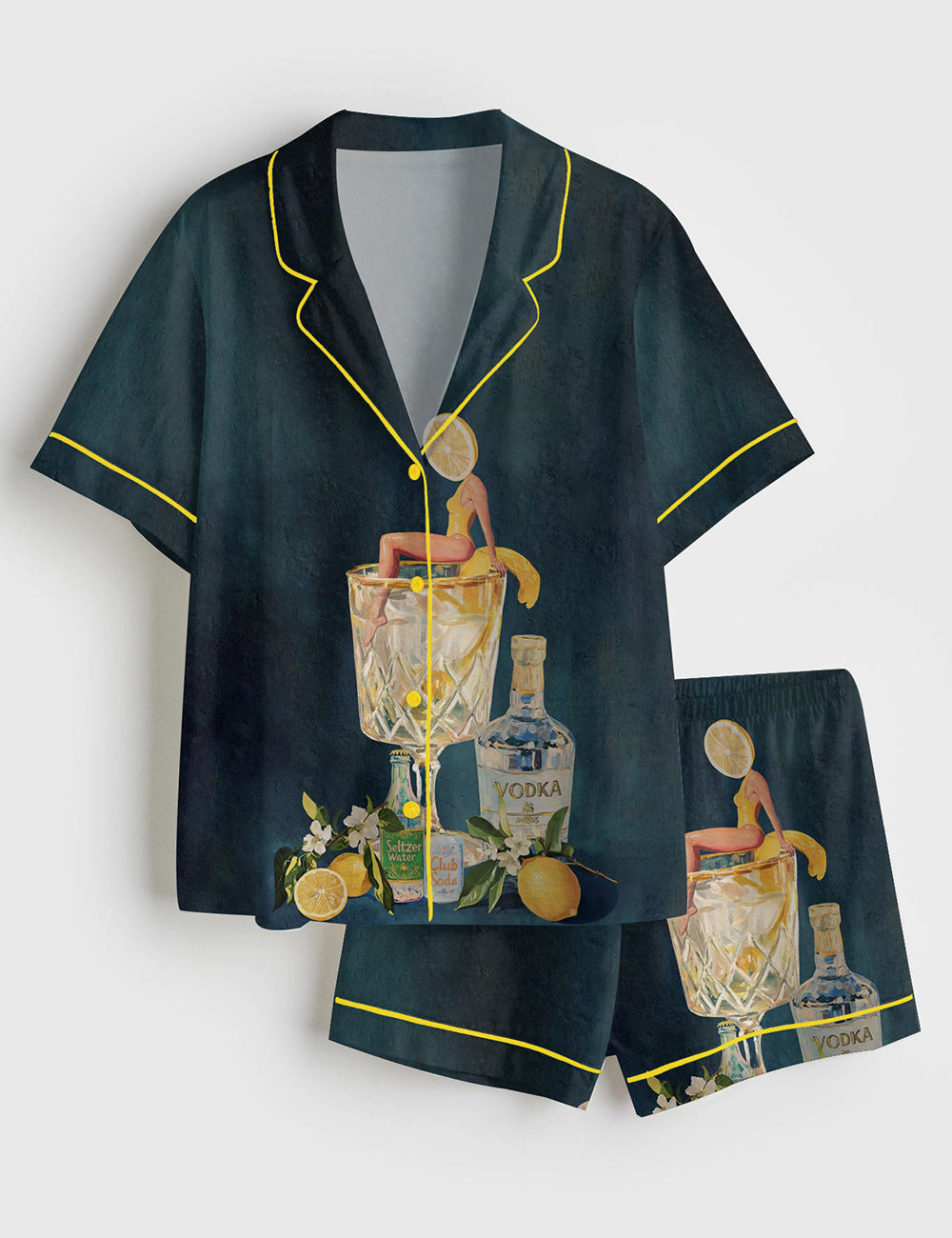 Women’s Lemon Vodka Seltzer Refreshing Cocktail Short Sleeve Satin Pajama Set