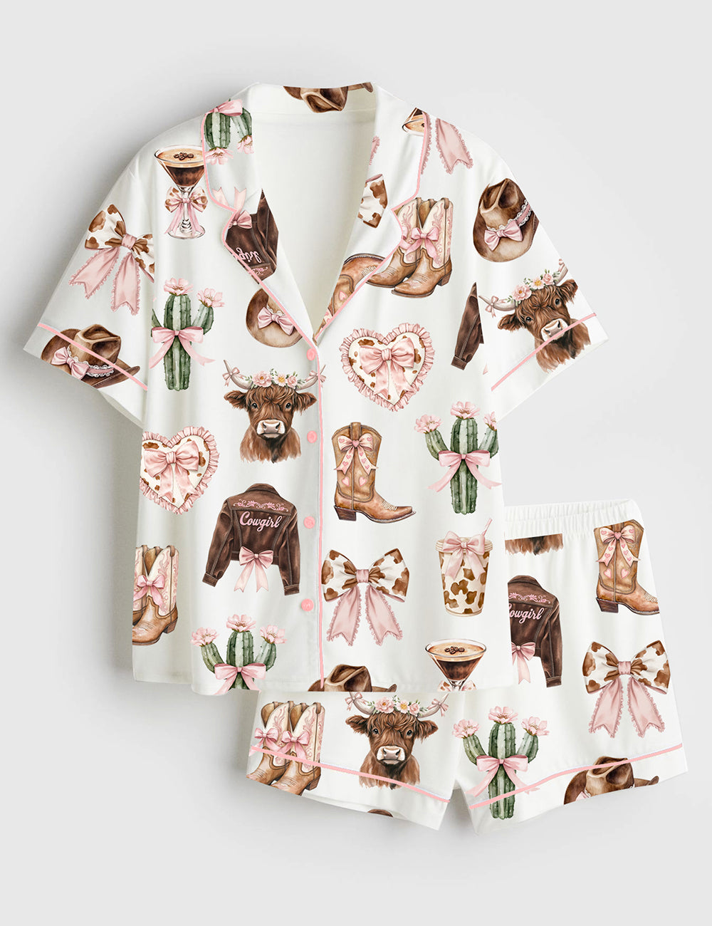 Women’s Coquette Cowgirl Howdy Highland Cow Print Short Sleeve Satin Pajama Set