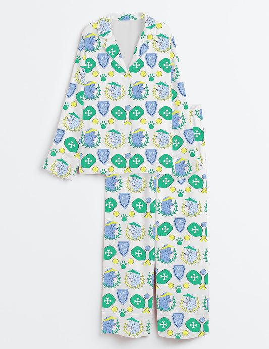 Women’s Dog Pickleball Art Long Sleeve Satin Pajama Set