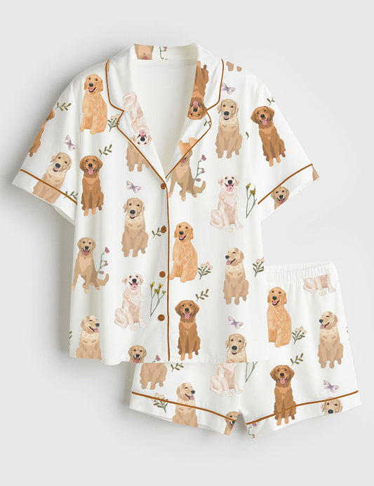 Women’s Golden Retriever Cottagecore Short Sleeve Satin Pajama Set