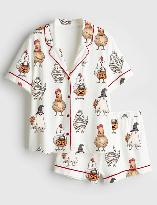 Women’s Chick Or Treat Halloween Chicken Short Sleeve Satin Pajama Set