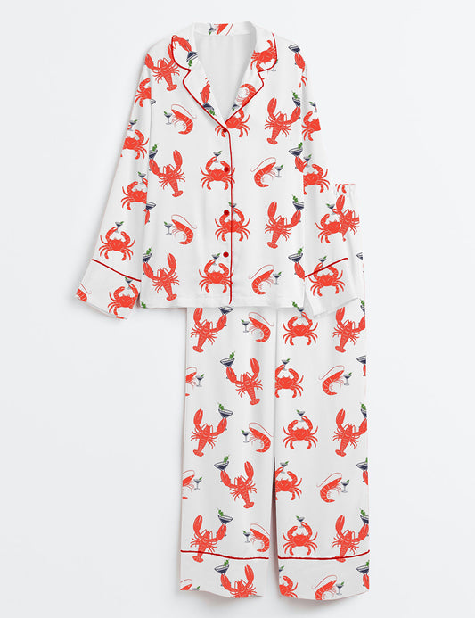 Women’s Lobster Shrimp Crab Martini Fisherman Aesthetic Old Money Aesthetic Cape Cod Nantucket Boston Maine Ocean Inspired Long Sleeve Satin Pajama Set