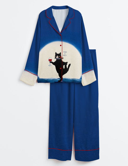 Women’s Cat Holding A Knife And Drinking Wine Take It Easy Long Sleeve Satin Pajama Set