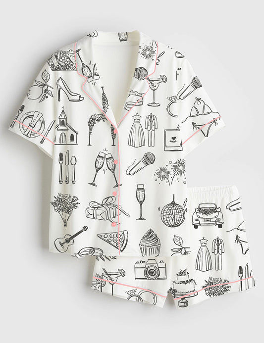 Women’s Hand Drawn Wedding Timeline Line Art Print Short Sleeve Satin Pajama Set