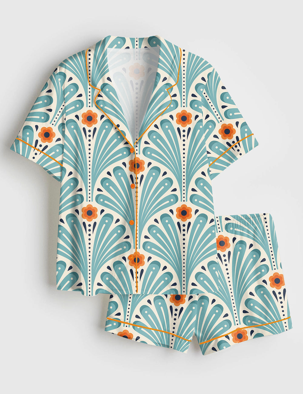 Women’s Tropical Maximalist Emerald Green Fans Sunset And Leaves Flowers Short Sleeve Satin Pajama Set