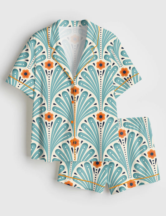 Women’s Tropical Maximalist Emerald Green Fans Sunset And Leaves Flowers Short Sleeve Satin Pajama Set