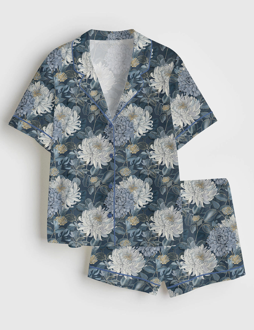 Women’s Elegant Blue Floral Large Chrysanthemums Print Short Sleeve Satin Pajama Set