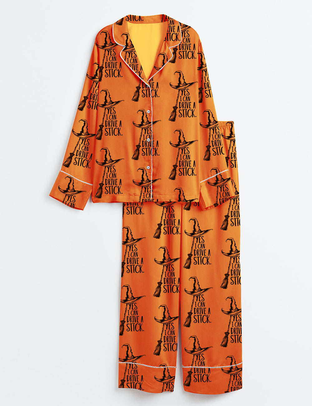 Women’s Yes I Can Drive A Stick Halloween Witch Long Sleeve Satin Pajama Set