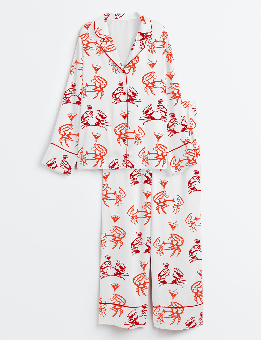 Women’s Crab Martini Summer Marine Animals Beach Fisherman Aestetic Art Long Sleeve Satin Pajama Set