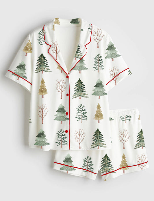Women’s Merry And Bright Trees Christmas Holiday Chic Winter Short Sleeve Satin Pajama Set