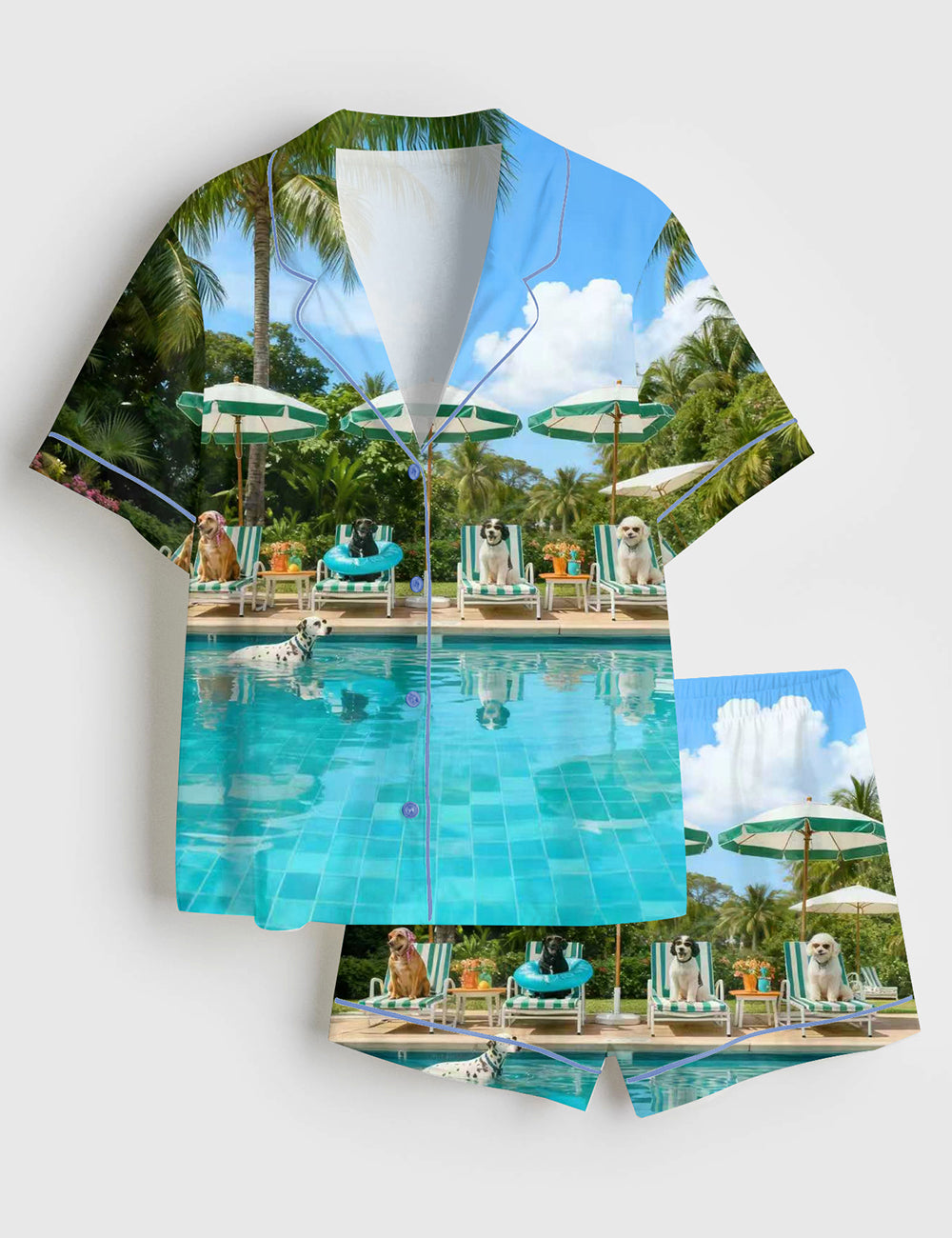 Women’s Retro Poolside Dogs Luxury Beach House Holiday Travel Short Sleeve Satin Pajama Set