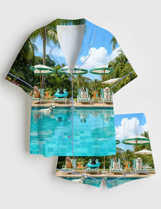 Women’s Retro Poolside Dogs Luxury Beach House Holiday Travel Short Sleeve Satin Pajama Set