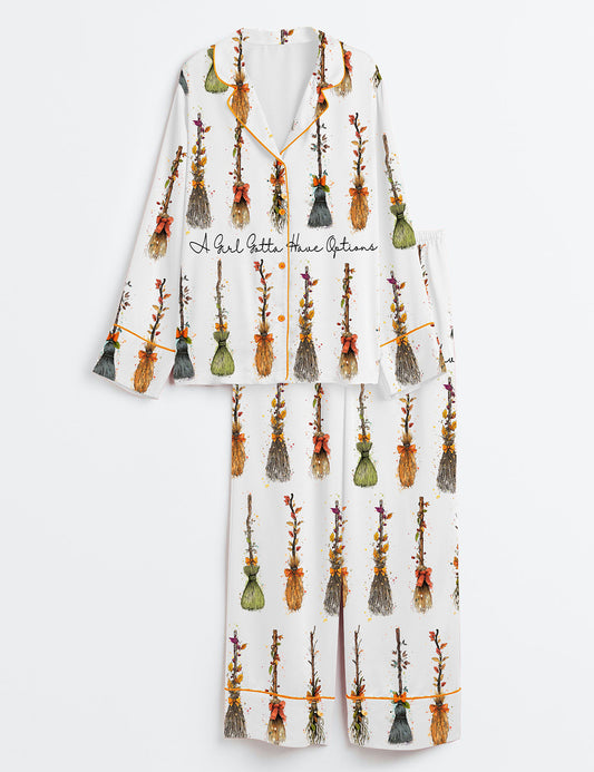 Women’s Retro Halloween Witches A Girl Gotta Have Options Long Sleeve Satin Pajama Set