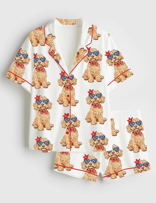 Women’s Goldendoodle Patriotic 4th Of July Dog Short Sleeve Satin Pajama Set