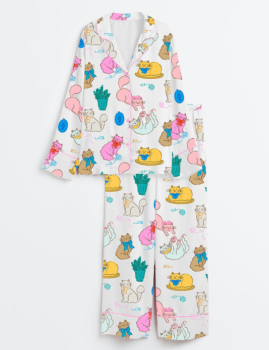 Women’s Colorful Cat With A Bow Playing With Balls Of Yarn And Potted Plant Long Sleeve Satin Pajama Set