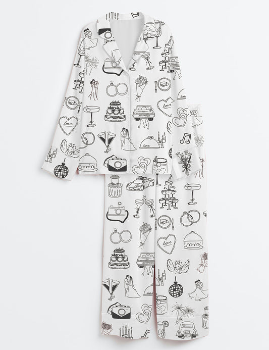 Women’s Whimsical Hand Drawn Wedding Timeline Icons Champagne Wedding Print Long Sleeve Satin Pajama Set