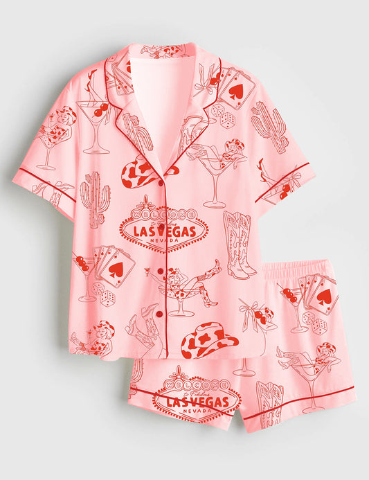 Women’s Hand Drawn Western Disco Cowgirl Boots Texas Las Vegas Bachelorette Party Print Short Sleeve Satin Pajama Set
