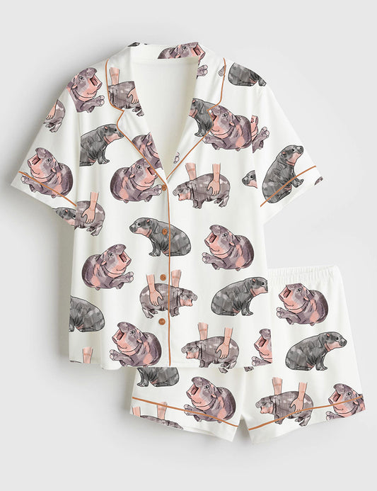Women's Moo Deng Baby Hippo Satin Pajama Set