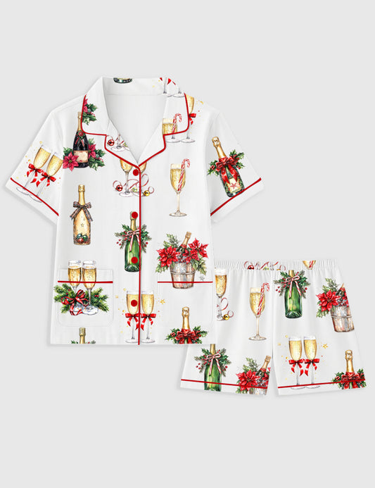 Women's Christmas Champagne New Year Short Sleeve Pocket Cotton Pajama Set