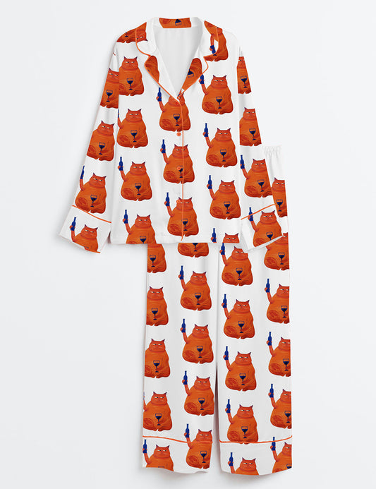 Women’s Cat Wine Cheers Long Sleeve Satin Pajama Set