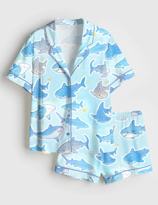 Women’s Ocean Marine Animal Whale Shark Short Sleeve Satin Pajama Set