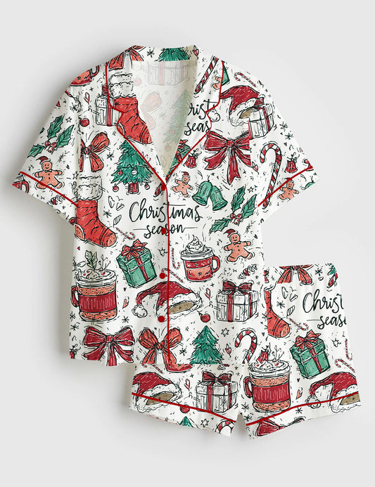 Women’s Coquette Christmas Bow Preppy Girly Christmas Season Short Sleeve Satin Pajama Set