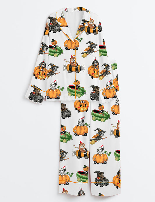 Women’s Halloween Cars Long Sleeve Satin Pajama Set