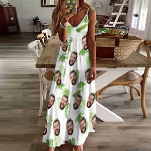 Custom Face Sling Hawaiian Style Long Dress Fresh Palm Leaves