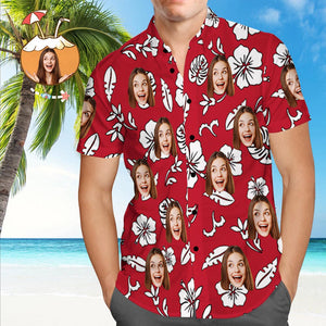 Custom Hawaiian Shirt with Pet Face Custom Tropical Hawaiian Shirt Red Button Down Shirts