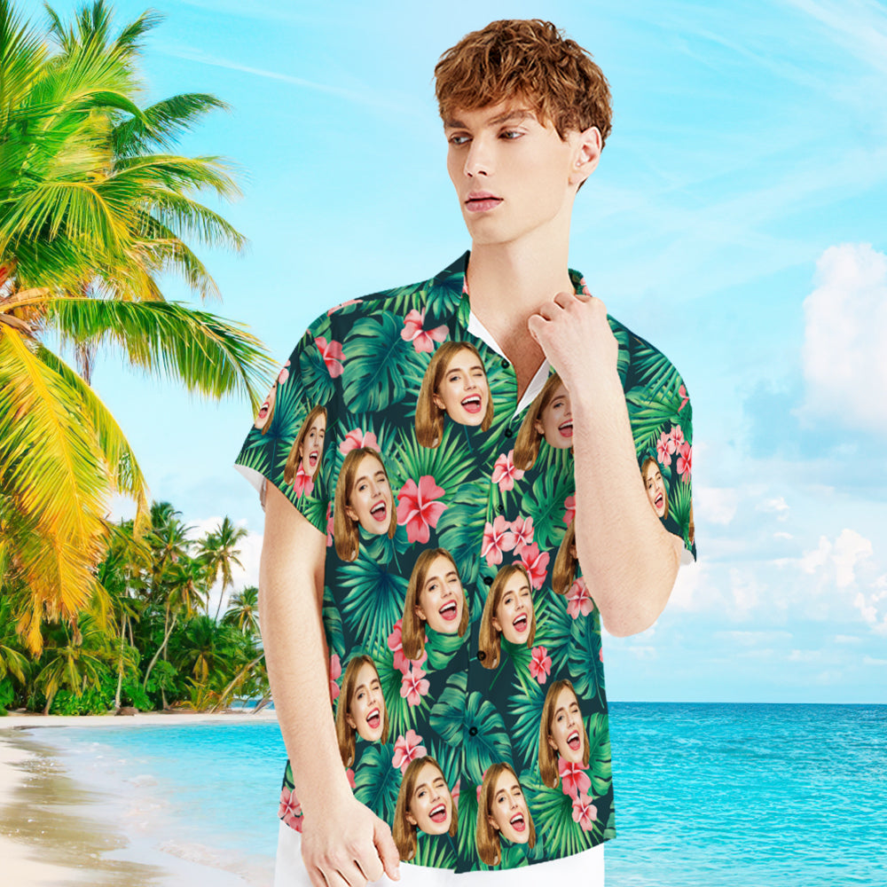 Custom Face Shirt with Text Men's Hawaiian Shirt Red Flowers