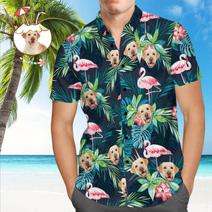 Custom Hawaiian Shirt with Face Custom Dog Face Shirt Leaves & Flamingo Button Down Shirts Gifts for Pet Lover