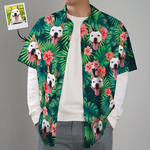 Custom Tropical Shirts Custom Pet Face Hawaiian Shirt Leaves & Flowers Shirt