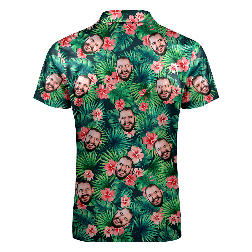 Custom Polo Shirt with Zipper Personalized Face Hawaiian Style Men's Polo Shirt