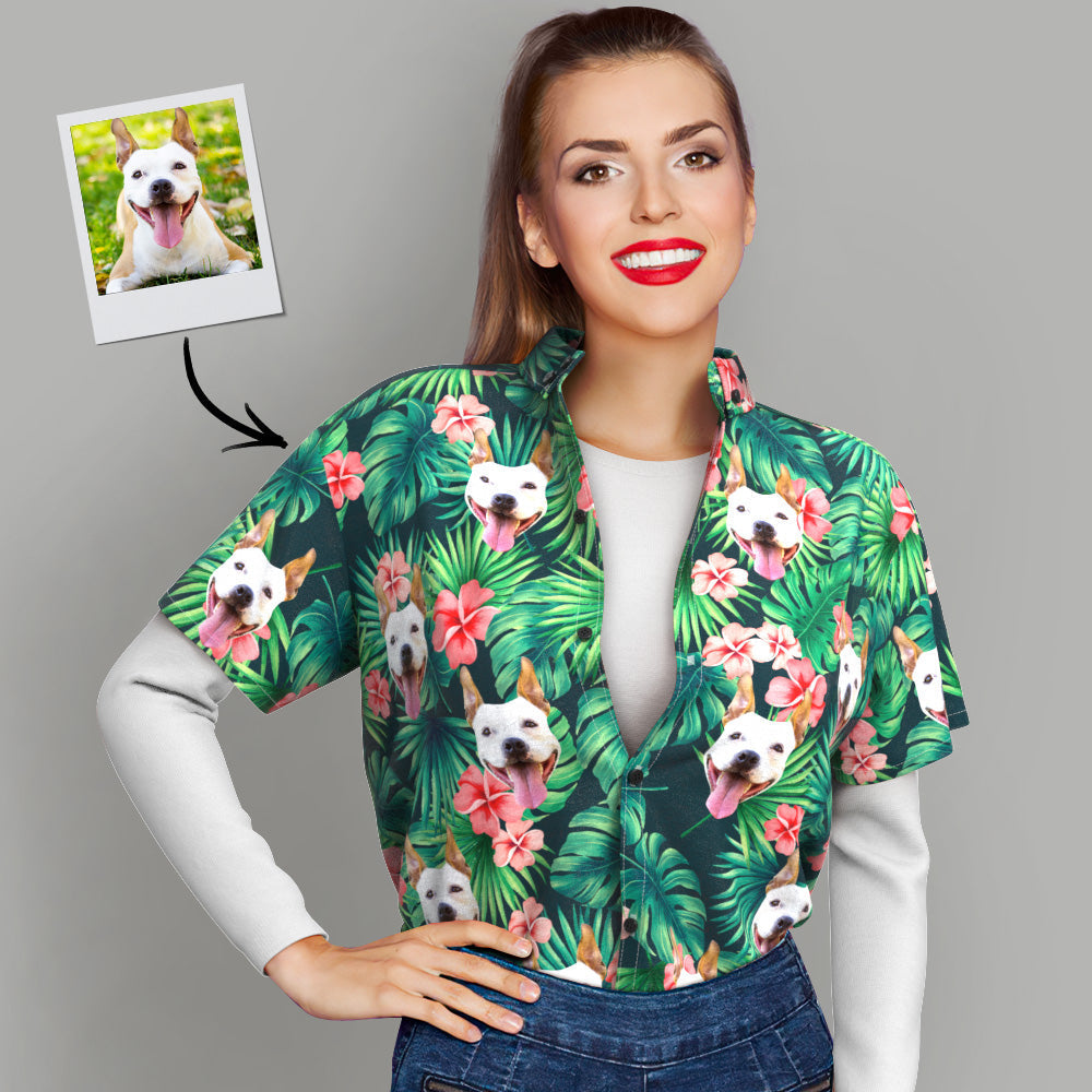 Custom Tropical Shirts Custom Dog Face Hawaiian Shirt Leaves & Flowers Shirt