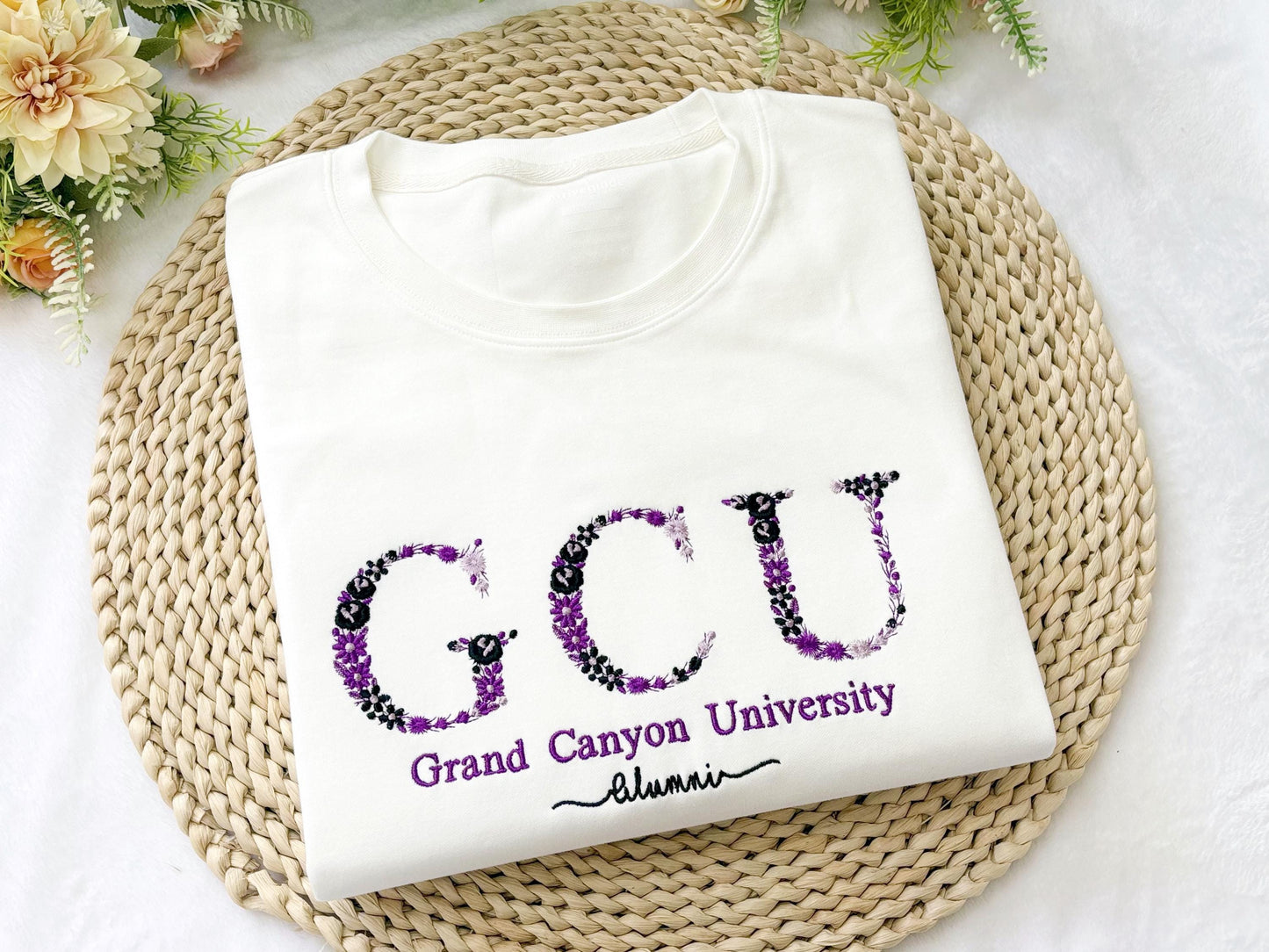 Custom College Embroidered Sweatshirt, Floral Letter Embroidered Hoodie, College University High School Crewneck, Graduation Gift For Friend