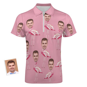 Custom Pink Flamingo Men's Polo Shirt Personalized Face Funny Polo Shirt with Zipper