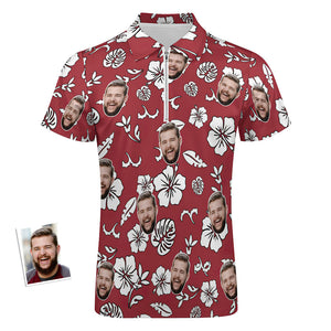 Custom Red Flowers Men's Polo Shirt Personalized Face Funny Polo Shirt with Zipper